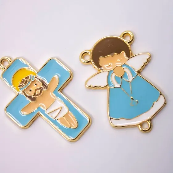 Entremeio Anjo E Cruz 35X25Mm Em Zamac Resinado Com 10 Pecas - Azul Bebe