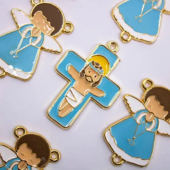 Entremeio Anjo E Cruz 35X25Mm Em Zamac Resinado Com 10 Pecas - Azul Bebe
