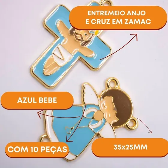Entremeio Anjo E Cruz 35X25Mm Em Zamac Resinado Com 10 Pecas - Azul Bebe