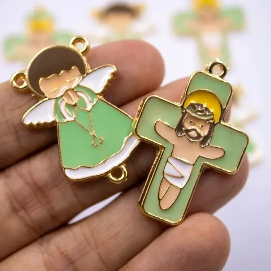 Entremeio Anjo E Cruz 35X25Mm Em Zamac Resinado Com 10 Pecas - Verde Bebe