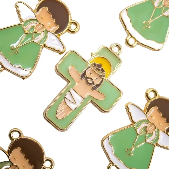 Entremeio Anjo E Cruz 35X25Mm Em Zamac Resinado Com 10 Pecas - Verde Bebe