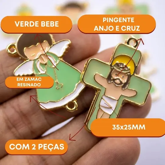 Entremeio Anjo E Cruz 35X25Mm Em Zamac Resinado Com 10 Pecas - Verde Bebe