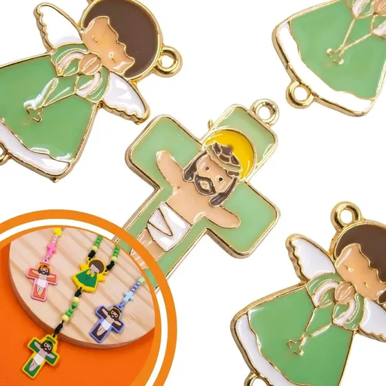 Entremeio Anjo E Cruz 35X25Mm Em Zamac Resinado Com 10 Pecas - Verde Bebe