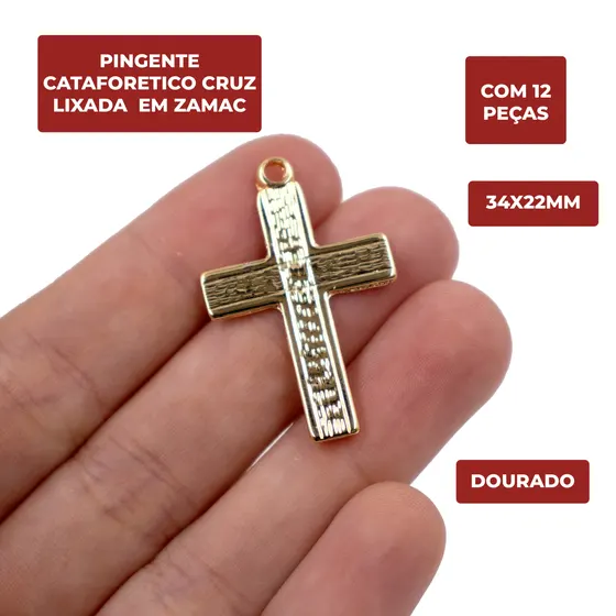 Pingente Cataforetico Cruz Lixada 34X22Mm Em Zamac Com 12 Pecas - Dourado
