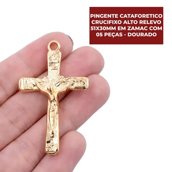 Pingente Cataforetico Crucifixo Alto Relevo 51X30Mm Em Zamac Com 05 Pecas - Dourado