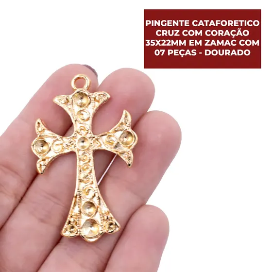 Pingente Cataforetico Cruz Com Coracao 35X22Mm Em Zamac Com 07 Pecas - Dourado