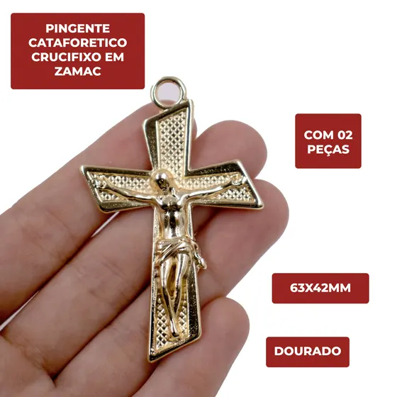 Pingente Cataforetico Crucifixo 63X42Mm Em Zamac Com 02 Pecas - Dourado