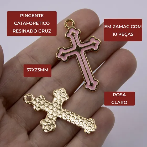 Pingente Cataforetico Resinado Cruz 37X23Mm Em Zamac Com 10 Pecas - Rosa Claro