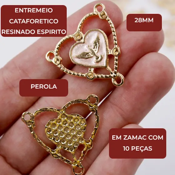 Entremeio Cataforetico Resinado Espirito Santo Coracao 28Mm Em Zamac Com 10 Pecas