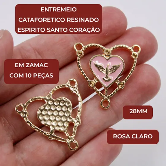 Entremeio Cataforetico Resinado Espirito Santo Coracao 28Mm Em Zamac Com 10 Pecas - Rosa Claro