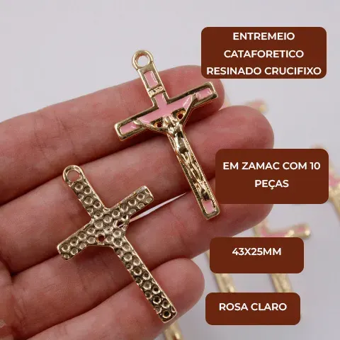Entremeio Cataforetico Resinado Crucifixo 43X25Mm Em Zamac Com 10 Pecas - Rosa Claro