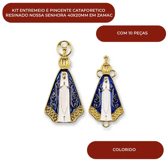 Kit Entremeio E Pingente Cataforetico Resinado Nossa Senhora 40X20Mm Em Zamac Com 10 Pecas