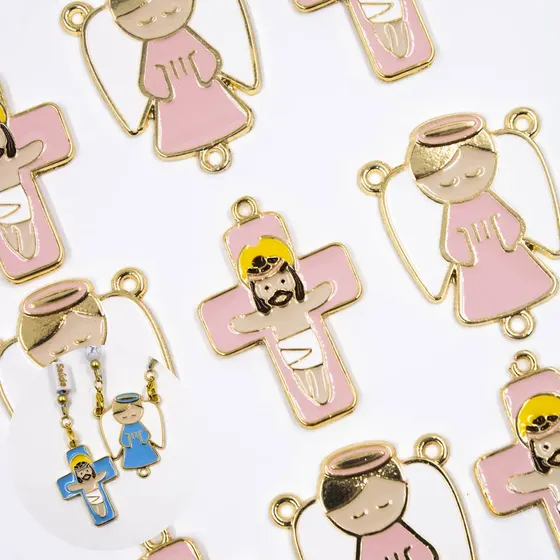 Entremeio Resinado Anjo E Cruz G 40X32Mm Em Zamac Com 10 Pecas
