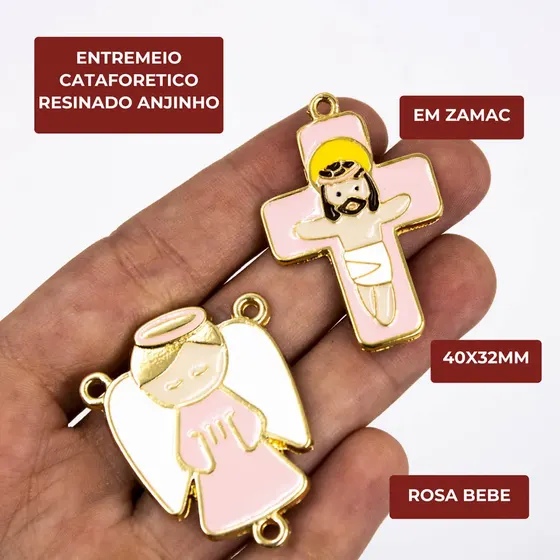 Entremeio Resinado Anjo E Cruz G 40X32Mm Em Zamac Com 10 Pecas
