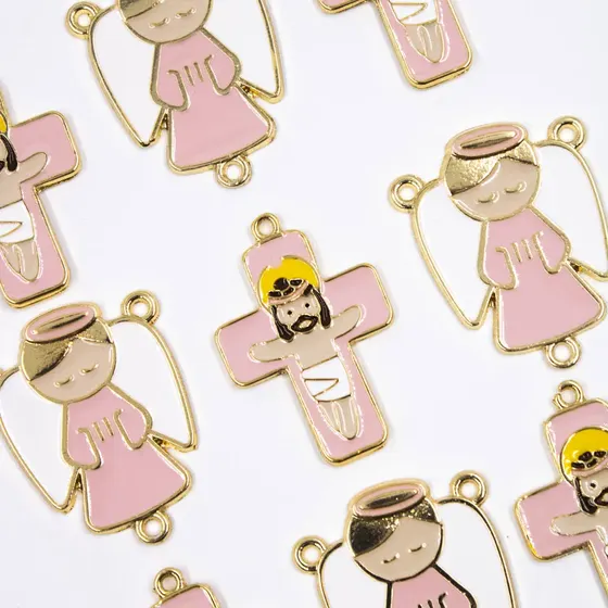 Entremeio Resinado Anjo E Cruz G 40X32Mm Em Zamac Com 10 Pecas
