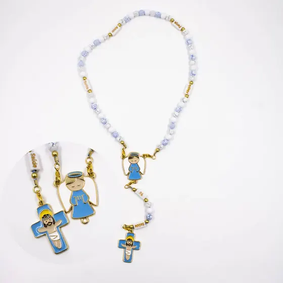 Entremeio Resinado Anjo E Cruz G 40X32Mm Em Zamac Com 10 Pecas - Azul Bebe