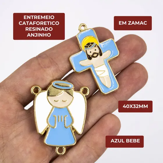 Entremeio Resinado Anjo E Cruz G 40X32Mm Em Zamac Com 10 Pecas - Azul Bebe