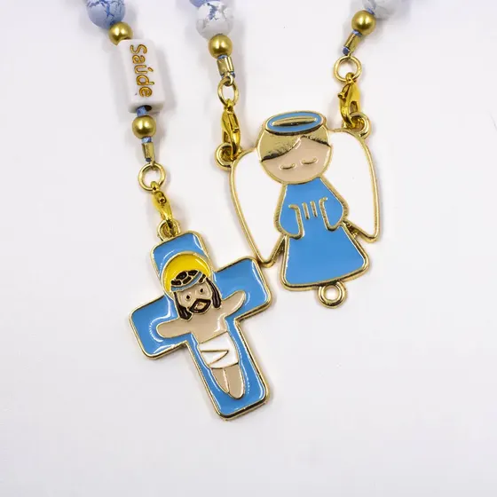 Entremeio Resinado Anjo E Cruz G 40X32Mm Em Zamac Com 10 Pecas - Azul Bebe