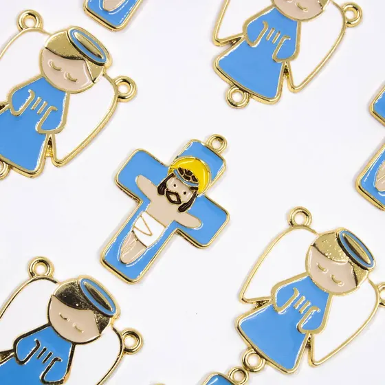 Entremeio Resinado Anjo E Cruz G 40X32Mm Em Zamac Com 10 Pecas - Azul Bebe
