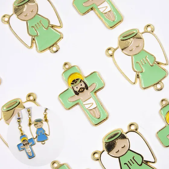 Entremeio Resinado Anjo E Cruz G 40X32Mm Em Zamac Com 10 Pecas - Verde Bebe