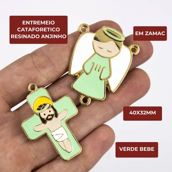 Entremeio Resinado Anjo E Cruz G 40X32Mm Em Zamac Com 10 Pecas - Verde Bebe