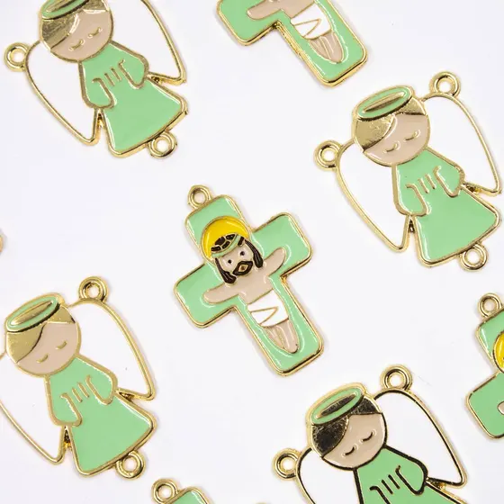 Entremeio Resinado Anjo E Cruz G 40X32Mm Em Zamac Com 10 Pecas - Verde Bebe