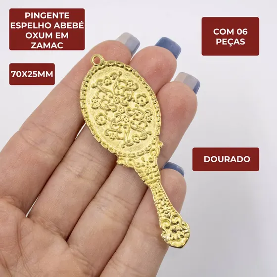 Pingente Espelho Abebe Oxum 70X25Mm Em Zamac Com 06 Pecas - Dourado