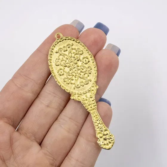 Pingente Espelho Abebe Oxum 70X25Mm Em Zamac Com 06 Pecas - Dourado