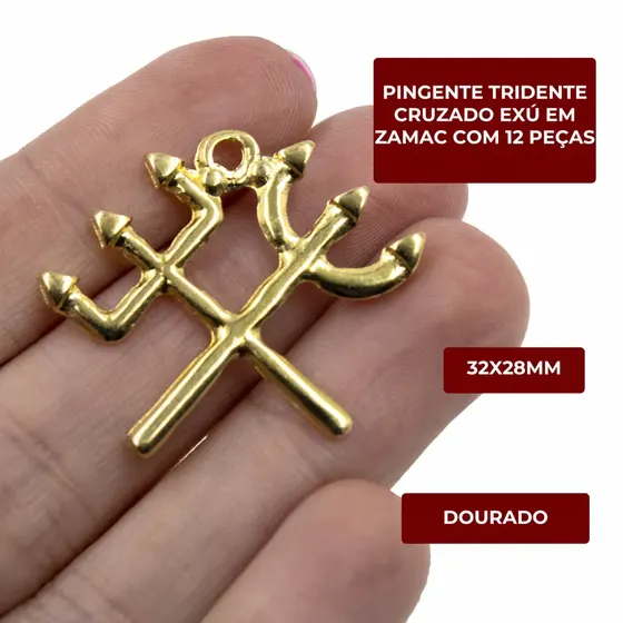 Pingente Tridente Cruzado Exu 32X28Mm Em Zamac Com 12 Pecas - Dourado