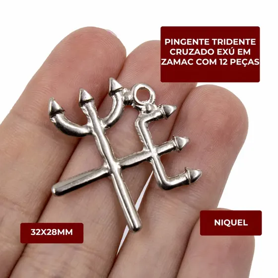 Pingente Tridente Cruzado Exu 32X28Mm Em Zamac Com 12 Pecas - Niquel