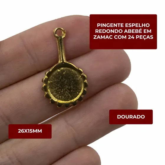 Pingente Espelho Redondo Abebe 26X15Mm Em Zamac Com 24 Pecas - Dourado