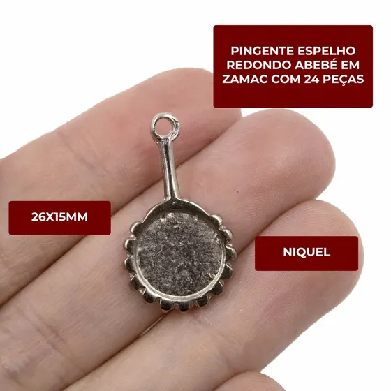 Pingente Espelho Redondo Abebe 26X15Mm Em Zamac Com 24 Pecas - Niquel