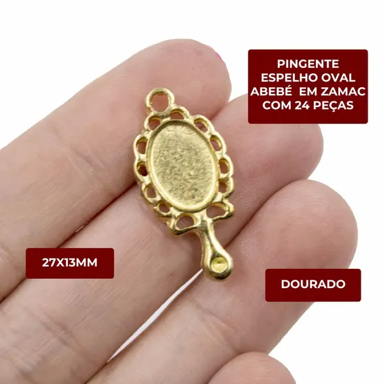 Pingente Espelho Oval Abebe 27X13Mm Em Zamac Com 24 Pecas - Dourado