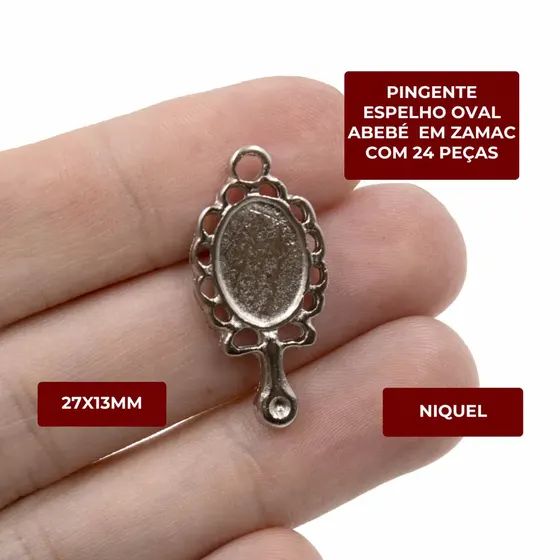 Pingente Espelho Oval Abebe 27X13Mm Em Zamac Com 24 Pecas - Niquel