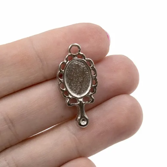 Pingente Espelho Oval Abebe 27X13Mm Em Zamac Com 24 Pecas - Niquel
