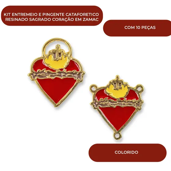 Kit Entremeio E Pingente Cataforetico Resinado Sagrado Coracao Em Zamac Com 10 Pecas