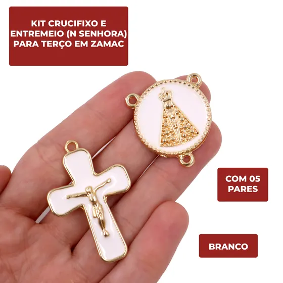 Kit Crucifixo E Entremeio (N Senhora) Para Terco Em Zamac Com 05 Pares