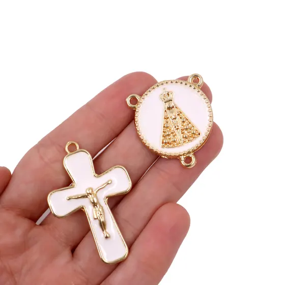 Kit Crucifixo E Entremeio (N Senhora) Para Terco Em Zamac Com 05 Pares