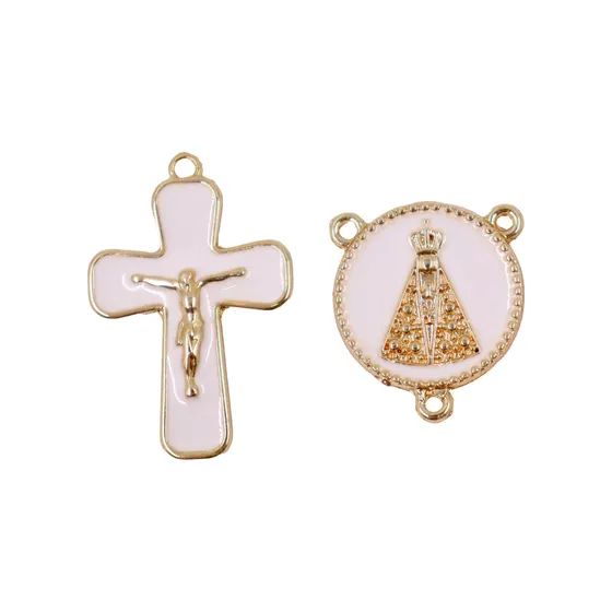 Kit Crucifixo E Entremeio (N Senhora) Para Terco Em Zamac Com 05 Pares