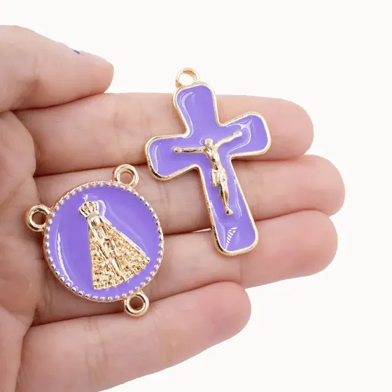 Kit Crucifixo E Entremeio (N Senhora) Para Terco Em Zamac Com 05 Pares - 211 Lilas