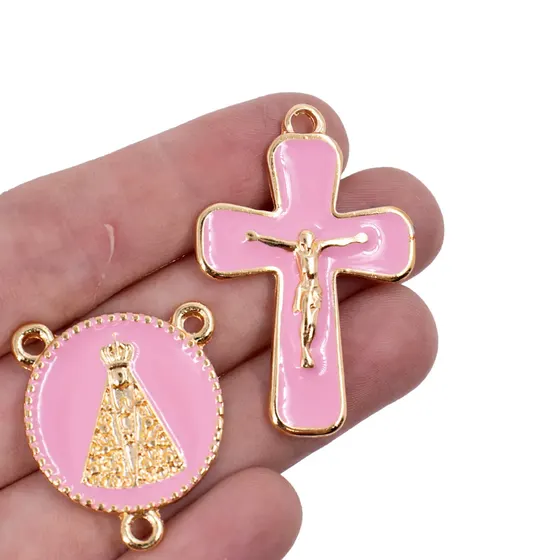Kit Crucifixo E Entremeio (N Senhora) Para Terco Em Zamac Com 05 Pares
