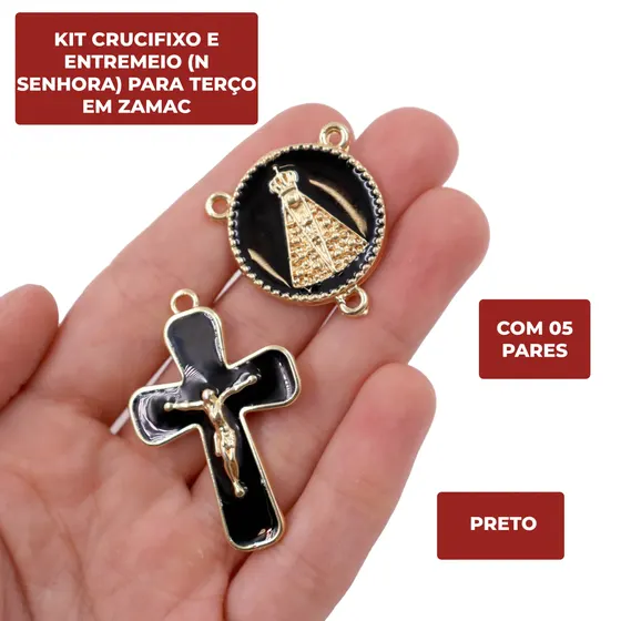 Kit Crucifixo E Entremeio (N Senhora) Para Terco Em Zamac Com 05 Pares