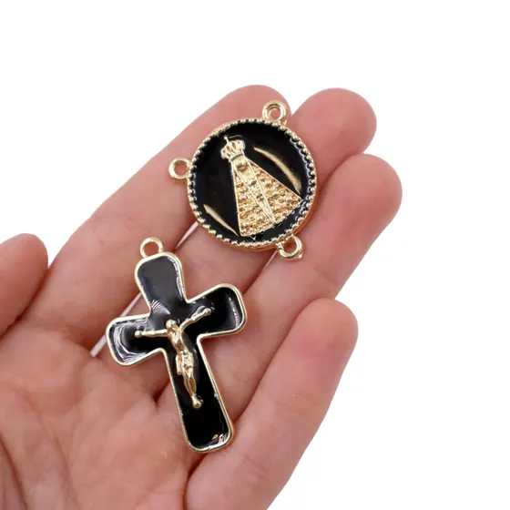 Kit Crucifixo E Entremeio (N Senhora) Para Terco Em Zamac Com 05 Pares