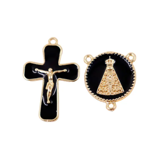 Kit Crucifixo E Entremeio (N Senhora) Para Terco Em Zamac Com 05 Pares