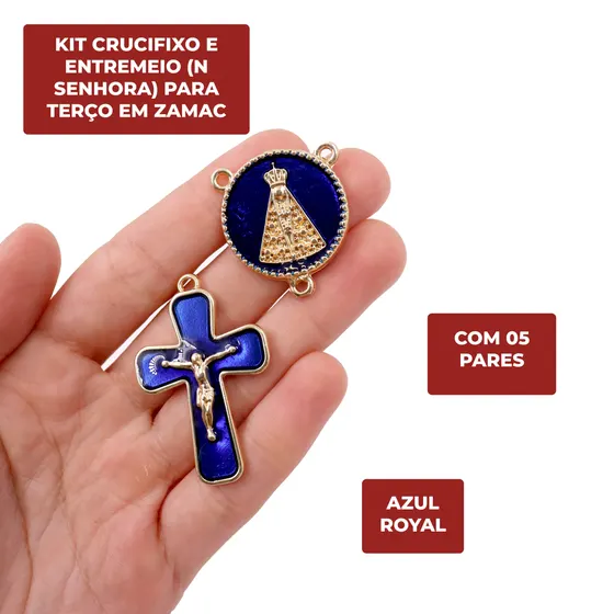 Kit Crucifixo E Entremeio (N Senhora) Para Terco Em Zamac Com 05 Pares - Azul Royal