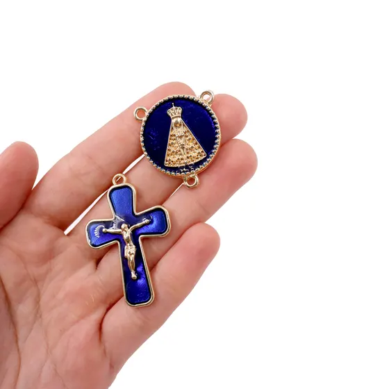 Kit Crucifixo E Entremeio (N Senhora) Para Terco Em Zamac Com 05 Pares - Azul Royal