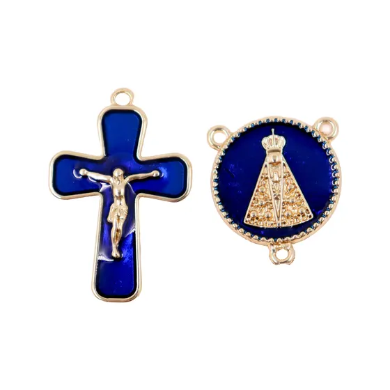 Kit Crucifixo E Entremeio (N Senhora) Para Terco Em Zamac Com 05 Pares - Azul Royal