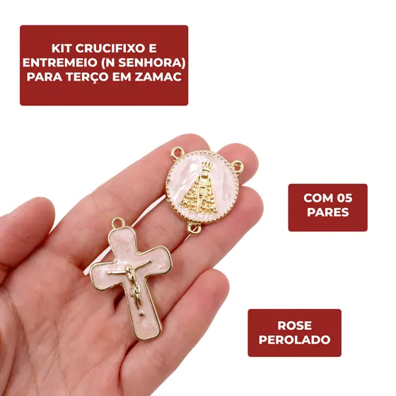 Kit Crucifixo E Entremeio (N Senhora) Para Terco Em Zamac Com 05 Pares