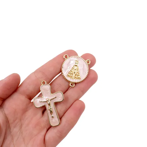 Kit Crucifixo E Entremeio (N Senhora) Para Terco Em Zamac Com 05 Pares