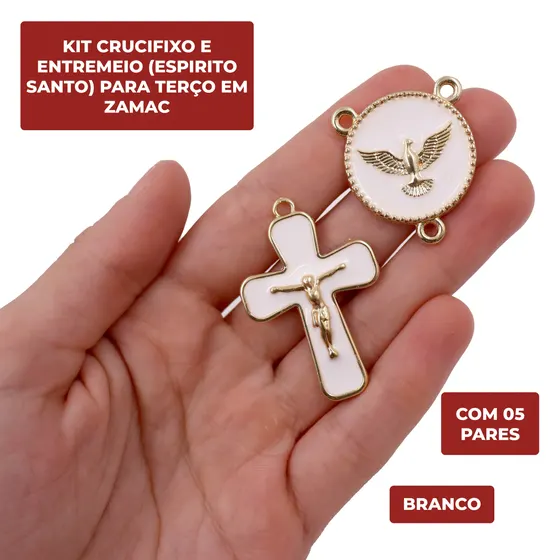 Kit Crucifixo E Entremeio (Espirito Santo) Para Terco Em Zamac Com 05 Pares